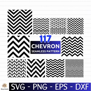 Könnte beinhalten: Eine digitale Sammlung von 117 nahtlosen Chevron-Mustern in Schwarz-Weiß mit verschiedenen Zickzack- und geometrischen Liniendesigns. Der mittlere Text lautet 117 CHEVRON SEAMLESS PATTERN, unten steht SVG - PNG - EPS - DXF.