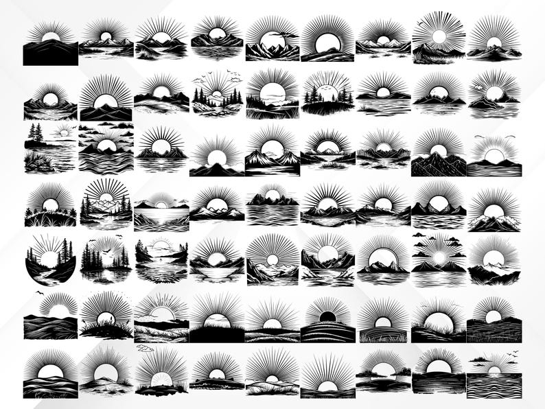 Sun Rise Dxf 100+ Sunrise SVG Bundle | Sun Horizon Clipart, Nature Landscape Designs ...