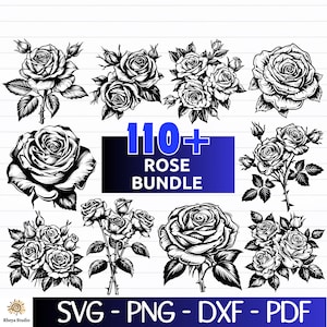 Puede incluir: Una colección de ilustraciones de rosas en blanco y negro. La imagen incluye varios diseños de rosas, algunos con tallos y hojas, y el texto "110+ ROSE BUNDLE" en un rectángulo azul. Debajo, dice "SVG - PNG - DXF - PDF".