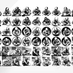 May include: A collection of black and white illustrations depicting welders in various poses. Some images show welders at work, while others are in circular frames or with American flags. The illustrations are detailed and suitable for design projects.