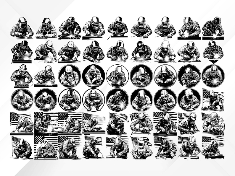 May include: A collection of black and white illustrations depicting welders in various poses. Some images show welders at work, while others are in circular frames or with American flags. The illustrations are detailed and suitable for design projects.