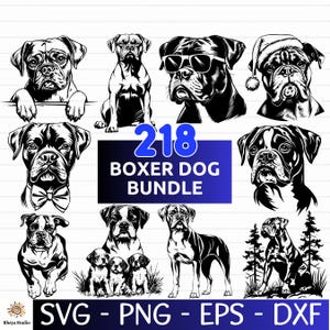 Puede incluir: Un paquete de descarga digital de 218 ilustraciones vectoriales en blanco y negro de perros boxer en varias poses. El texto "218 Boxer Dog Bundle" se muestra en un rectángulo azul. El texto "SVG - PNG - EPS - DXF" se muestra en la parte inferior de la imagen.