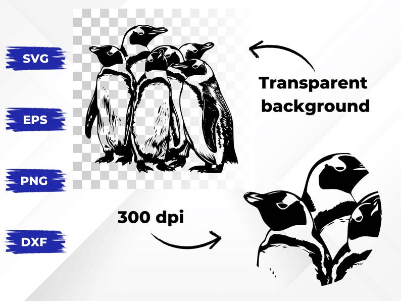May include: Black and white line art illustration of a group of penguins huddled together. The image is on a transparent background.