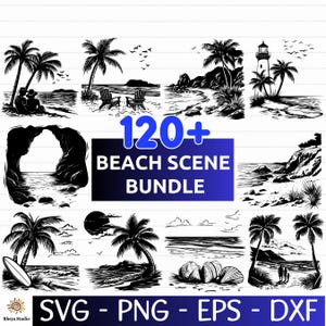 Peut inclure: Ensemble de scènes de plage en noir et blanc, avec des palmiers, des vagues et un phare. L'image comprend le texte "120+ BEACH SCENE BUNDLE" et les formats de fichiers SVG, PNG, EPS et DXF.