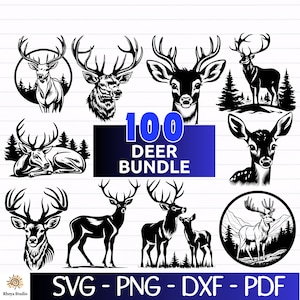 May include: A digital download bundle of 100 black and white deer SVG, PNG, DXF, and PDF files. The image shows a variety of deer designs, including a deer with antlers, a deer with a fawn, and a deer in a woodland setting.
