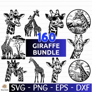May include: A selection of black and white giraffe illustrations. The image features diverse giraffe designs, some with sunglasses or floral details. Text reads "160 GIRAFFE BUNDLE" and "SVG - PNG - EPS - DXF".