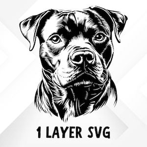 May include: Black and white line art illustration of a pit bull dog's head. The dog is looking directly at the viewer. The image is a single layer SVG file.