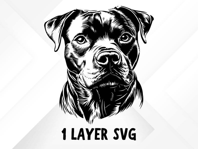 May include: Black and white line art illustration of a pit bull dog's head. The dog is looking directly at the viewer. The image is a single layer SVG file.