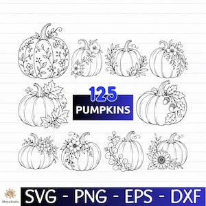 Puede incluir: Una colección de ilustraciones de arte lineal en blanco y negro con varias calabazas decoradas con flores, hojas y bellotas. El texto central dice 125 PUMPKINS, y el texto inferior muestra los formatos de archivo SVG - PNG - EPS - DXF.