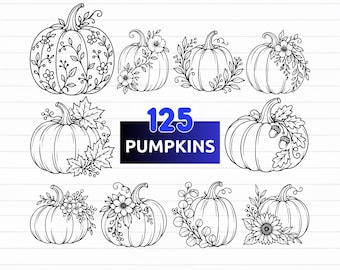 May include: A collection of black and white line art illustrations featuring various pumpkins decorated with flowers, leaves, and acorns. The central text reads 125 PUMPKINS, and the bottom text displays SVG - PNG - EPS - DXF file formats.