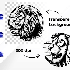 May include: Black and white illustration of a lion's head with a mane. The lion is looking to the right and has a fierce expression. The illustration is set against a background of a circle with a landscape scene.