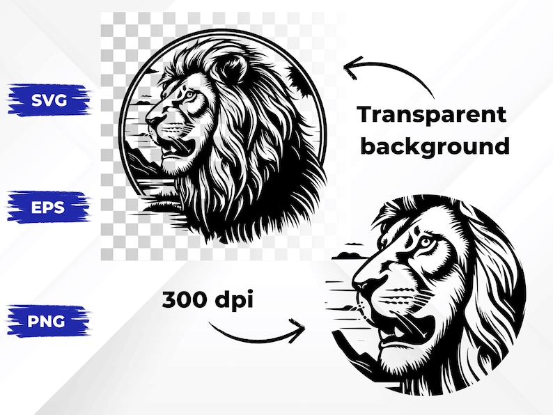 May include: Black and white illustration of a lion's head with a mane. The lion is looking to the right and has a fierce expression. The illustration is set against a background of a circle with a landscape scene.