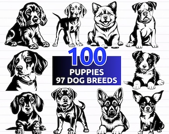 Paquete de 100 cachorros en formato SVG con 97 razas de perros: descarga digital instantánea que incluye archivos dxf, png, pdf y archivos para Cricut y grabado láser.