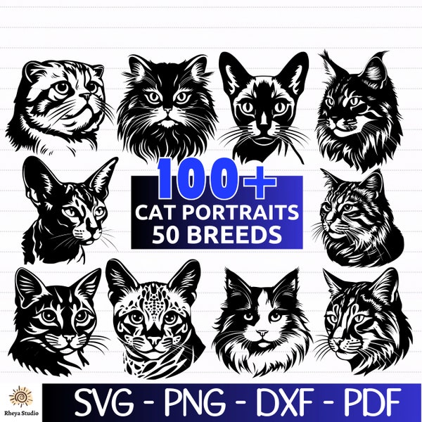 100 Cat Portraits SVG Bundle, Cat SVG Bundle, Cat Breeds SVG  - digital download svg, dxf, png, pdf, svg files for cricut