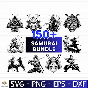 May include: A collection of black and white samurai illustrations. The image features various depictions of samurai warriors in action poses, along with samurai helmets and masks. The text "150+ SAMURAI BUNDLE" is displayed in a blue rectangle. The image also includes file type information.
