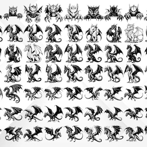 May include: A collection of 64 black and white dragon illustrations. Each dragon is depicted in a different pose with wings spread wide. The dragons are all facing forward and have a fierce expression.
