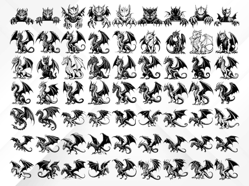 May include: A collection of 64 black and white dragon illustrations. Each dragon is depicted in a different pose with wings spread wide. The dragons are all facing forward and have a fierce expression.