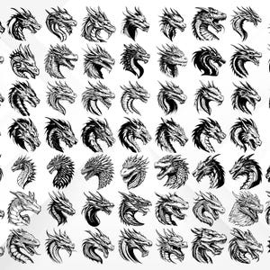 May include: A collection of 48 black and white dragon head illustrations. Each dragon head is drawn in a different style, with varying levels of detail and expression.