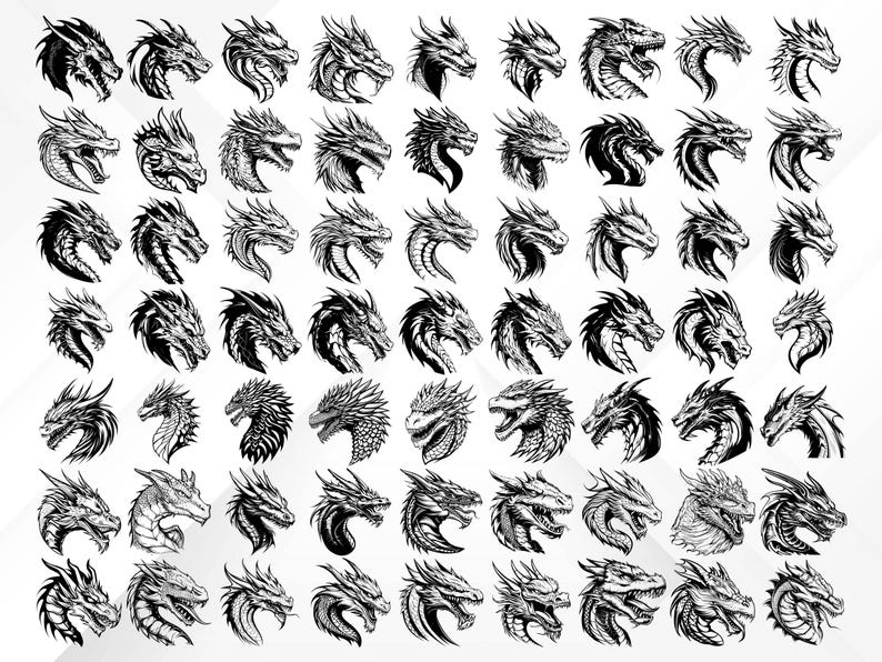 May include: A collection of 48 black and white dragon head illustrations. Each dragon head is drawn in a different style, with varying levels of detail and expression.