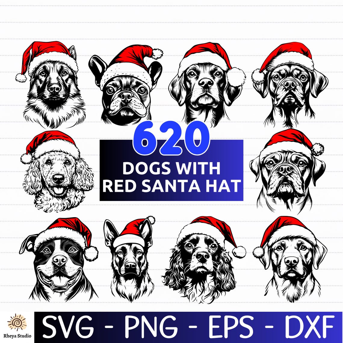620 Christmas Dog SVG Bundle | Cute Dogs With Santa Hats | Holiday Pet ...