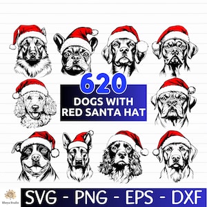 以下が含まれることがあります： 赤いサンタ帽をかぶった犬の白黒イラストのコレクション。さまざまな犬種と「620 DOGS WITH RED SANTA HAT」というテキストが含まれています。画像の下部には「SVG - PNG - EPS - DXF」と表示されています。