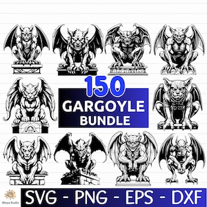 Può includere: Una collezione di illustrazioni di gargoyle in bianco e nero in varie pose, con ali simili a pipistrelli ed espressioni feroci. L'immagine include il testo "150 GARGOYLE BUNDLE" e le opzioni di tipo di file: SVG, PNG, EPS e DXF.