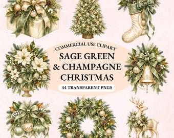 May include: A digital collection of Christmas clipart featuring sage green and champagne colored elements including a gift, tree, stocking, wreath, bell, ornaments, and a deer. Text reads: COMMERCIAL USE CLIPART SAGE GREEN & CHAMPAGNE CHRISTMAS 44 TRANSPARENT PNGS.