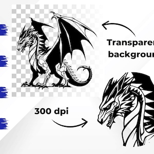 May include: Black and white vector illustration of a dragon with wings spread wide. The dragon is facing left and has a fierce expression. The image has a transparent background.