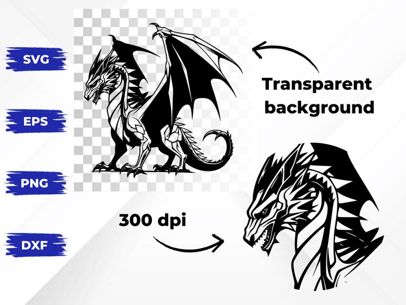 May include: Black and white vector illustration of a dragon with wings spread wide. The dragon is facing left and has a fierce expression. The image has a transparent background.