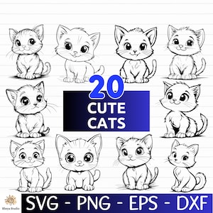 Könnte beinhalten: Ein Set mit 20 Schwarzweiß-Linienzeichnungen von niedlichen Katzen in verschiedenen Posen. Der Text "20 CUTE CATS" befindet sich in der Mitte des Bildes. Der Text "SVG - PNG - EPS - DXF" befindet sich am unteren Rand des Bildes.