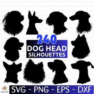 May include: A collection of 240 black dog head silhouettes in various breeds. The image includes the text "240 DOG HEAD SILHOUETTES" in blue and white, along with file type options: SVG, PNG, EPS, and DXF.