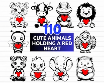 Puede incluir: Ilustración de 10 animales lindos, incluyendo un leopardo, una vaca y un león, cada uno sosteniendo un corazón rojo. La imagen incluye el texto "110 Cute Animals Holding a Red Heart" y opciones de tipo de archivo.