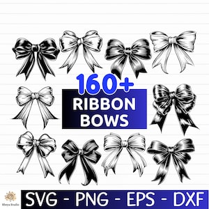 May include: A collection of illustrated ribbon bows in black and white. The image includes the text "160+ RIBBON BOWS" on a blue background, along with file type indicators: SVG, PNG, EPS, and DXF.