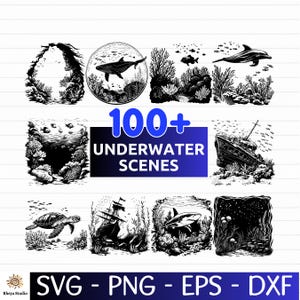 May include: Black and white illustrations of underwater scenes, including a whale, dolphin, coral, and a shipwreck. The image includes the text "100+ UNDERWATER SCENES" and file type options: SVG, PNG, EPS, and DXF.