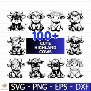 Puede incluir: Ilustraciones digitales en blanco y negro de lindas vacas de las Tierras Altas en varias poses, algunas con coronas de flores. La imagen incluye el texto "100+ Cute Highland Cows" y opciones de archivos SVG, PNG, EPS y DXF.