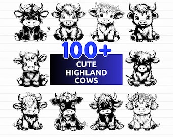 100+ Cute Highland Cows SVG Bundle | Scottish Cow Silhouettes & Farm Animal Clipart for Cricut (svg png eps dxf)