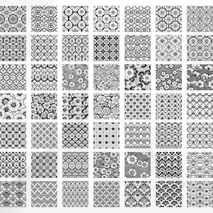 May include: A grid of 64 black and white Japanese-inspired patterns. Each square features a unique floral, geometric, or wave design. The patterns include stylized flowers, circles, and fan shapes, suitable for fabric or paper.