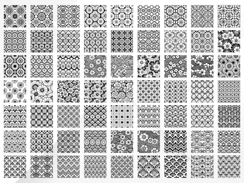 May include: A grid of 64 black and white Japanese-inspired patterns. Each square features a unique floral, geometric, or wave design. The patterns include stylized flowers, circles, and fan shapes, suitable for fabric or paper.