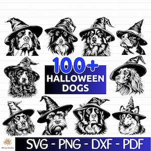 以下が含まれることがあります： ハロウィーンの犬のSVG、PNG、DXF、PDFファイル100個以上のデジタルダウンロード。画像には、魔女の帽子をかぶったさまざまな白黒の犬種が描かれています。