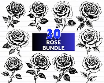 Pacchetto di 30 rose SVG, pacchetto di fiori SVG, file di taglio SVG di rose - download digitale svg, dxf, png, pdf, svg botanico, file svg per cricut