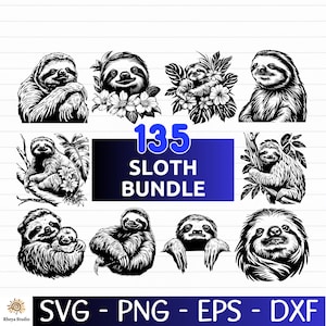 May include: A collection of black and white sloth illustrations. The image includes the text "135 Sloth Bundle" in blue and white, along with file type indicators: SVG, PNG, EPS, and DXF.