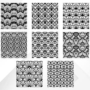 May include: Seven square black and white patterned designs. The patterns include floral and fan-like motifs. The designs are symmetrical and detailed, with a variety of shapes and textures. The overall theme is decorative and artistic.