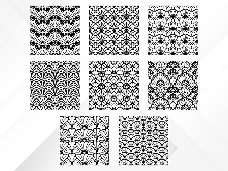 May include: Seven square black and white patterned designs. The patterns include floral and fan-like motifs. The designs are symmetrical and detailed, with a variety of shapes and textures. The overall theme is decorative and artistic.