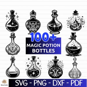 Könnte beinhalten: Ein Set mit über 100 schwarzen und weißen SVG-Schneidedateien für Zaubertrankflaschen. Die Flaschen sind in verschiedenen Formen und Stilen gehalten, einige mit aufwendigen Designs. Der Text "100+ MAGIC POTION BOTTLES" ist in einem blauen Kasten dargestellt.
