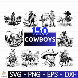May include: A collection of 150 cowboy-themed illustrations in black and white. The images depict cowboys on horseback, standing, and in portraits, with desert landscapes and cacti. The bottom of the image displays file type options: SVG, PNG, EPS, and DXF.