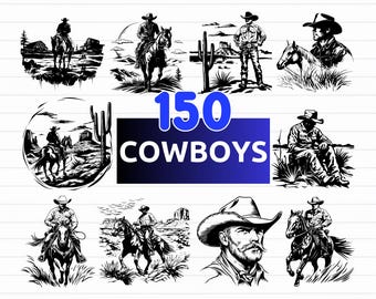 May include: A collection of 150 cowboy-themed illustrations in black and white. The images depict cowboys on horseback, standing, and in portraits, with desert landscapes and cacti. The bottom of the image displays file type options: SVG, PNG, EPS, and DXF.