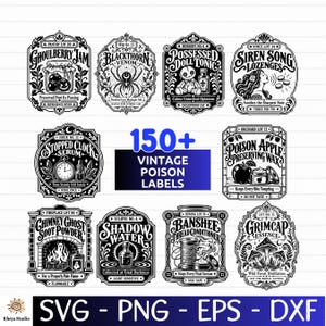 May include: A collection of 150+ vintage poison labels in black and white, featuring intricate illustrations and text such as Ghoulberry Jam, Blackthorn Venom, Possessed Doll Tonic, Siren Song Lozenges, Stopped Clock Serum, and Poison Apple Preserving Wax.