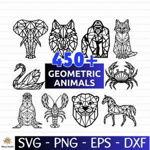 Op de afbeelding: Zwart-wit geometrische dierontwerpen, waaronder een olifant, wolf, gorilla, vos, zwaan, krab, zeehond, kreeft, leeuw en paard. De afbeelding bevat de tekst "450+ Geometrische Dieren" en bestandstypen: SVG, PNG, EPS en DXF.