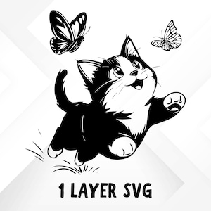 May include: Black and white illustration of a playful kitten leaping towards two butterflies. The kitten has a white chest and face, with black markings. The text "1 LAYER SVG" is at the bottom.