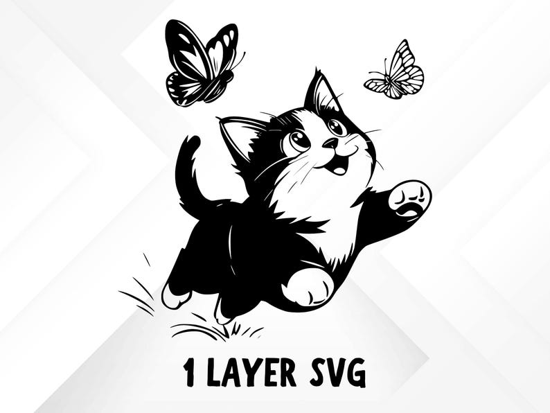 May include: Black and white illustration of a playful kitten leaping towards two butterflies. The kitten has a white chest and face, with black markings. The text "1 LAYER SVG" is at the bottom.